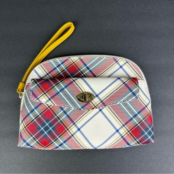 Talbots Tartan Plaid Wristlet Clutch Faux Leather Turnlock Purse Womens New